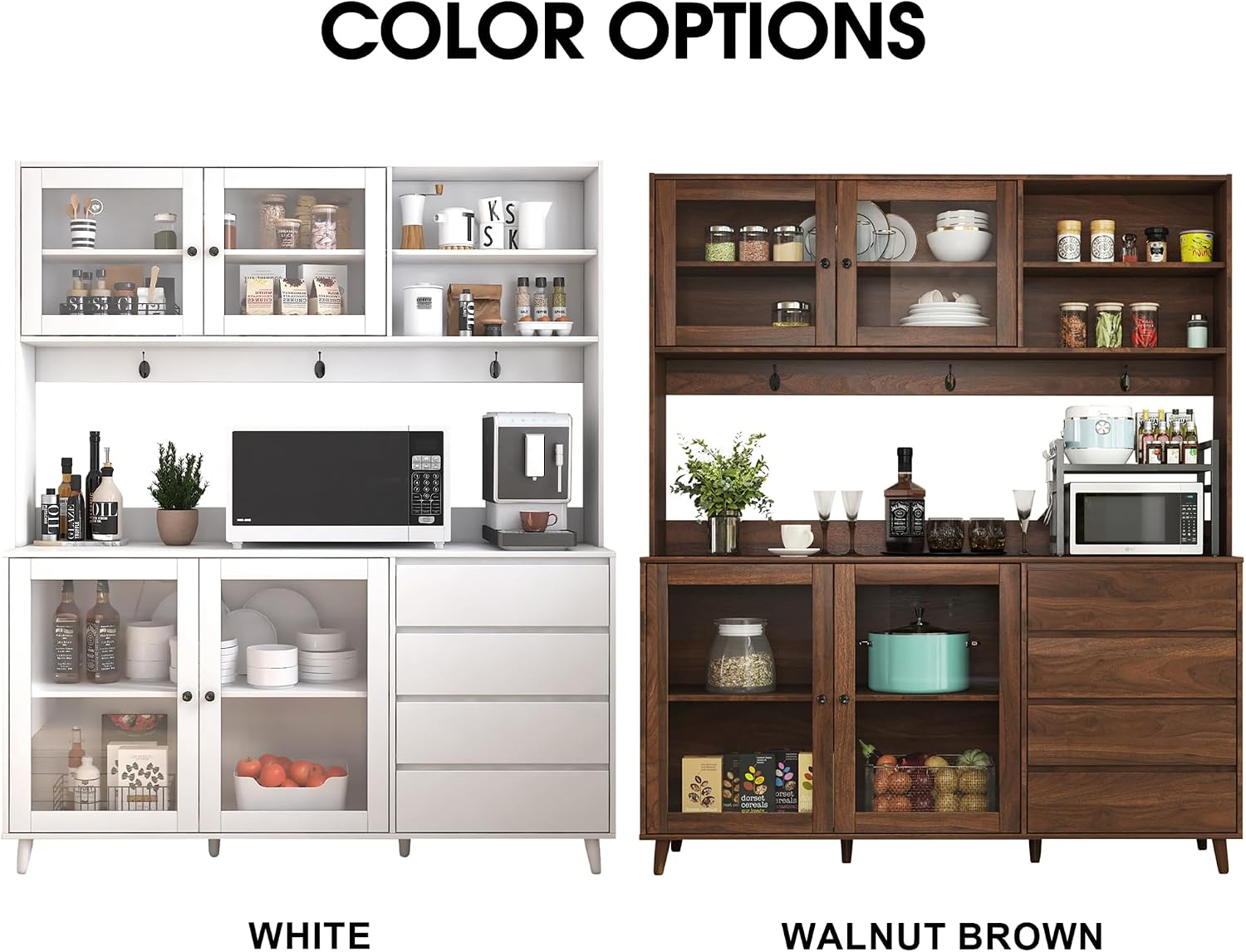 63" Large Kitchen Hutch Cabinet with 4 Doors, 4 Drawers and Microwave Shelf, Farmhouse Pantry Storage Cupboard with Countertop for Kitchen and Dining Room(Walnut Brown)