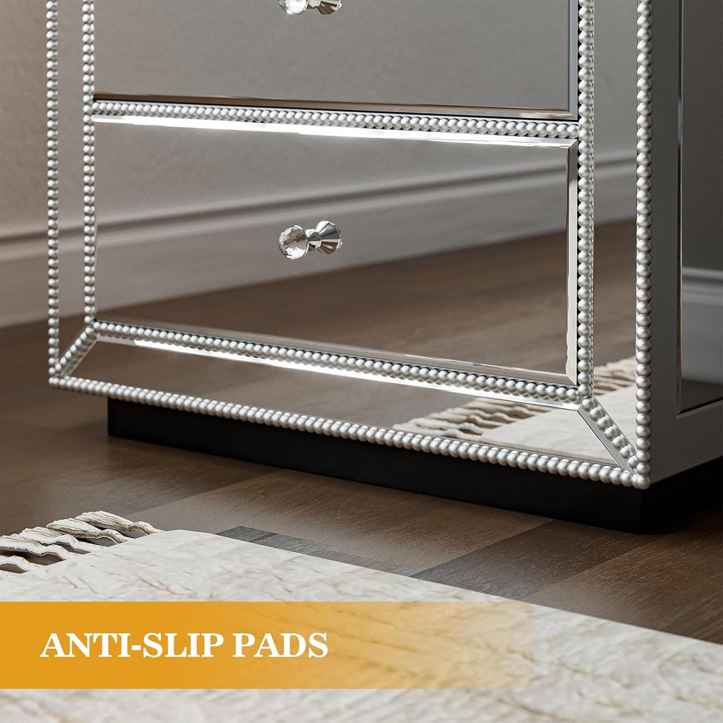 IKIFLY Mirrored Nightstand with 3 Drawers, Silver End Table with Crystal Handles, Modern Bedside Table for Living Room, Bedroom