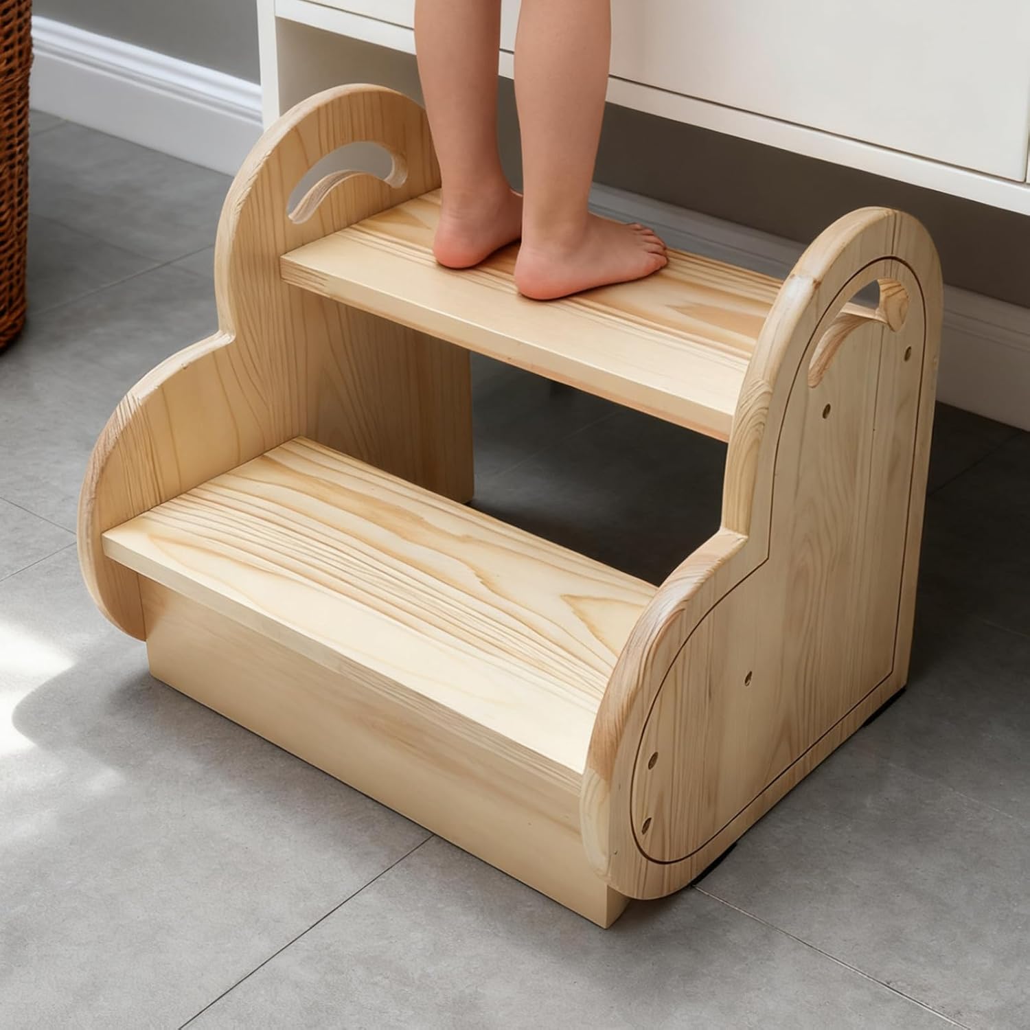 Wooden Stool with 2 Steps for Bedroom Kitchen High Shelves, Small Step Stool with Non-Slip Pads for Toddler Toilet Potty Training, Bathroom Sink, Step Ladder for Adults and Kids