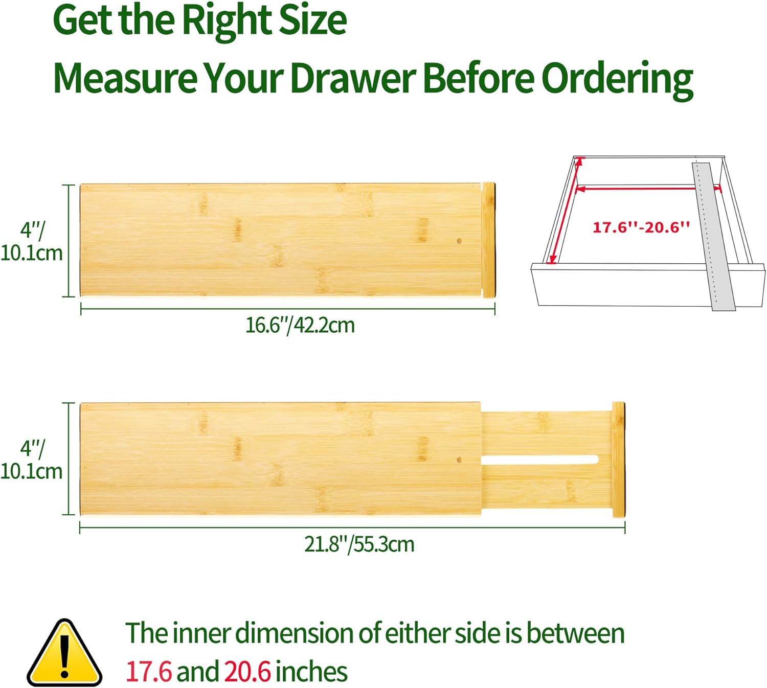 VaeFae 6 Pack Bamboo Drawer Dividers, 4" High Adjustable 16.6" - 21.8" Clothes Drawer Organizers, Expandable Separators for Bedroom/Bathroom/Kitchen/Office Storage
