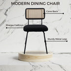 Rattan Woven Back Dining Chairs Set of 4, Black Sherpa Upholstered Kitchen Dining Room Chairs with Metal Legs
