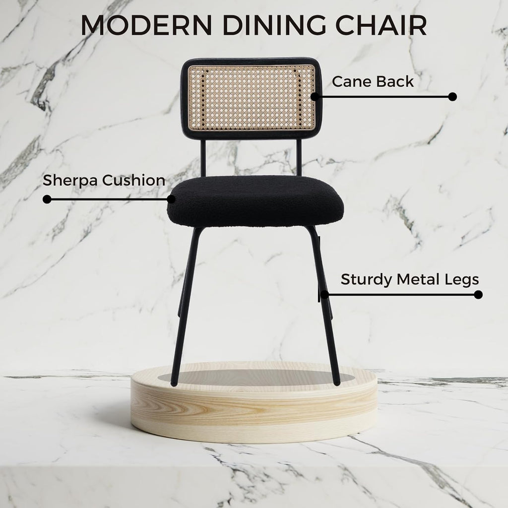 Rattan Woven Back Dining Chairs Set of 4, Black Sherpa Upholstered Kitchen Dining Room Chairs with Metal Legs