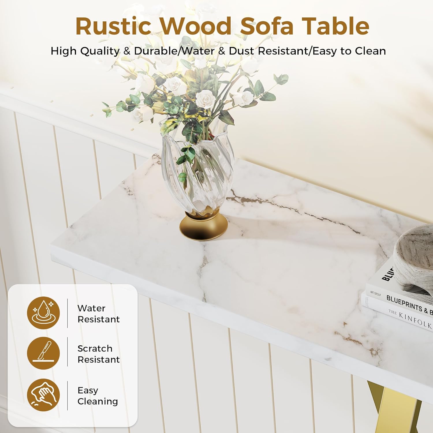 43.3" Gold Console Table, Modern Entryway Table with White Faux Marble Top & Metal Base, Narrow Sofa Table for Living Room, Hallway, Foyer