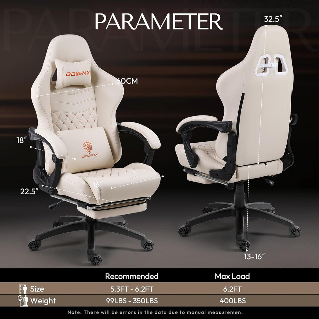 Dowinx Big & Tall Vintage Gaming Chair for Adults, 400 lb Capacity Heavy Duty Ergonomic Computer Chair with Massage Lumbar, Footrest & Easy Side Recline, Ivory Beige