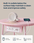 SONGMIC HOME Round Side End Table, Nightstand with Charging Station and Fabric Basket, for Living Room, Pink and White