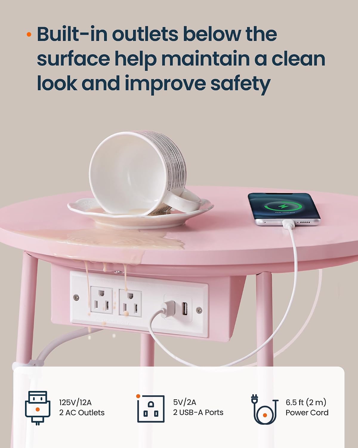 SONGMIC HOME Round Side End Table, Nightstand with Charging Station and Fabric Basket, for Living Room, Pink and White