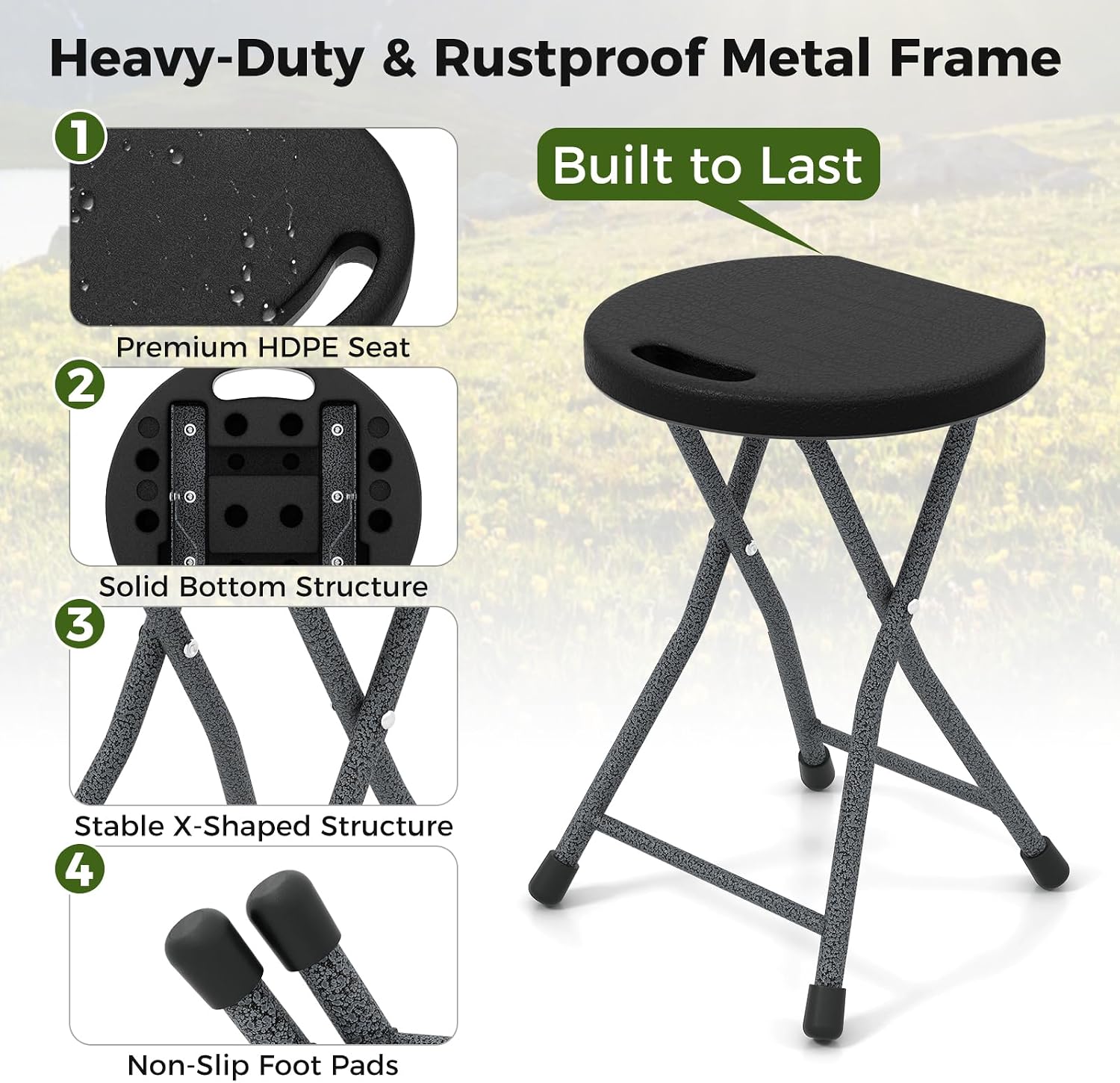 Giantex Folding Stool Set of 2, 18” Height Foldable Bar Stools, Portable Folding Chairs with Built-in Carry Handle, 330lbs Capacity, Indoor & Outdoor Round Stools for Camping RV Party Event (2, Black)
