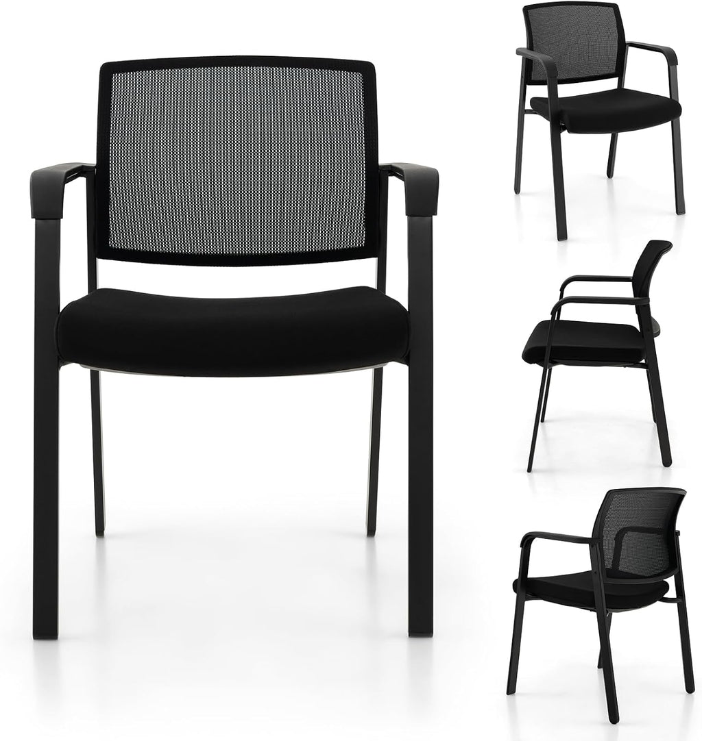 Giantex 2-Pack Reception Room Chair Set with Mesh Back, Metal Frame & Padded Seat, Armrests, No Wheels, Stacking Guest Chairs for Office, Waiting Room, Lobby, Meeting, Black