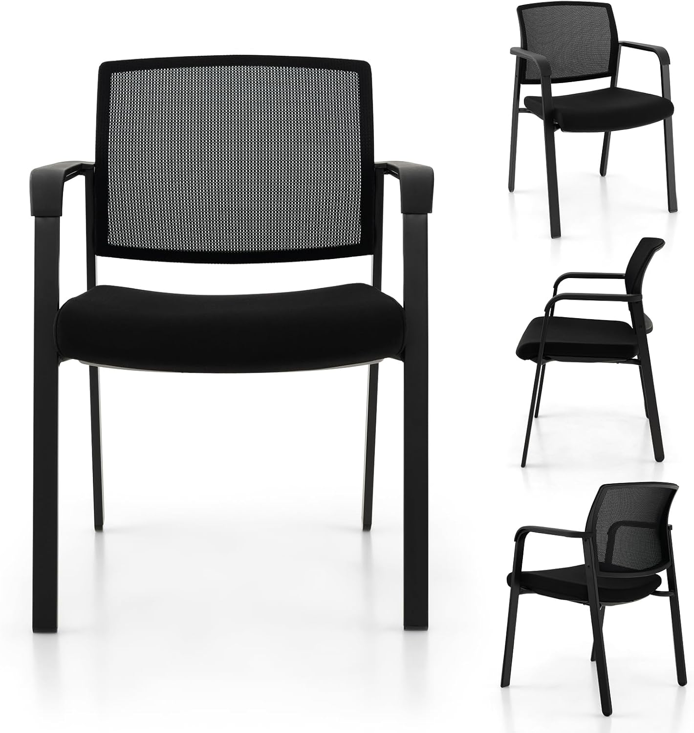 Giantex 2-Pack Reception Room Chair Set with Mesh Back, Metal Frame & Padded Seat, Armrests, No Wheels, Stacking Guest Chairs for Office, Waiting Room, Lobby, Meeting, Black