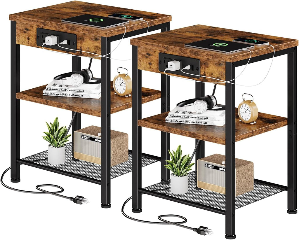 DUMOS 15.7" Small Side Table Set of 2 with Charging Station, End Table with Outlets & USB Ports, 3-Tier Adjustable Nightstand for Living Room, Bedroom, Small Spaces, Record Player Stand, Rustic Brown
