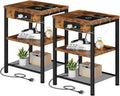 DUMOS 15.7" Small Side Table Set of 2 with Charging Station, End Table with Outlets & USB Ports, 3-Tier Adjustable Nightstand for Living Room, Bedroom, Small Spaces, Record Player Stand, Rustic Brown