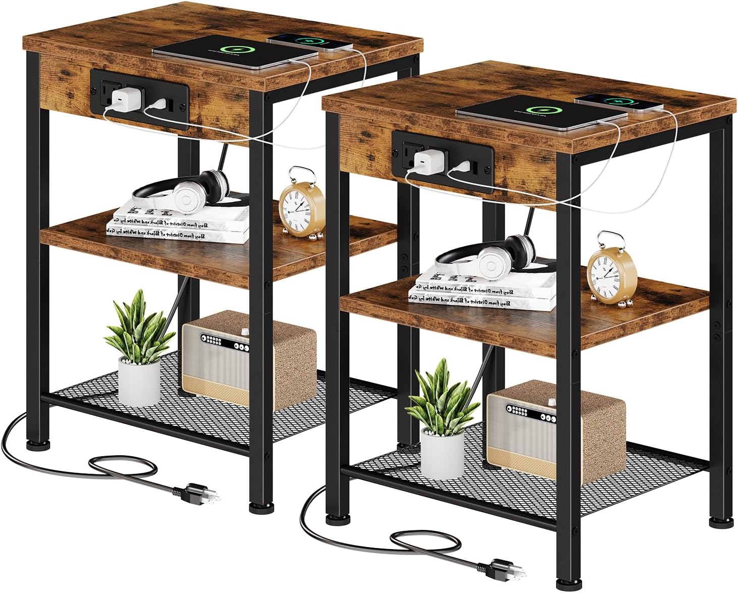 DUMOS 15.7" Small Side Table Set of 2 with Charging Station, End Table with Outlets & USB Ports, 3-Tier Adjustable Nightstand for Living Room, Bedroom, Small Spaces, Record Player Stand, Rustic Brown