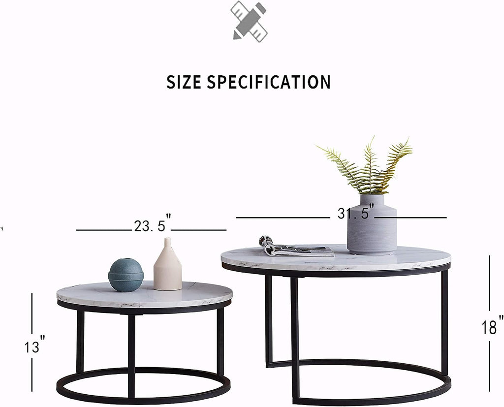 Modern Nesting Coffee Table Set of 2 for Living Room, Office, Balcony, Mid Century Round Wood Accent Coffee MDF Faux Marble Tabletop w/Black Color Frame, Gift for Thanksgiving Christmas -White