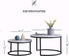 Modern Nesting Coffee Table Set of 2 for Living Room, Office, Balcony, Mid Century Round Wood Accent Coffee MDF Faux Marble Tabletop w/Black Color Frame, Gift for Thanksgiving Christmas -White