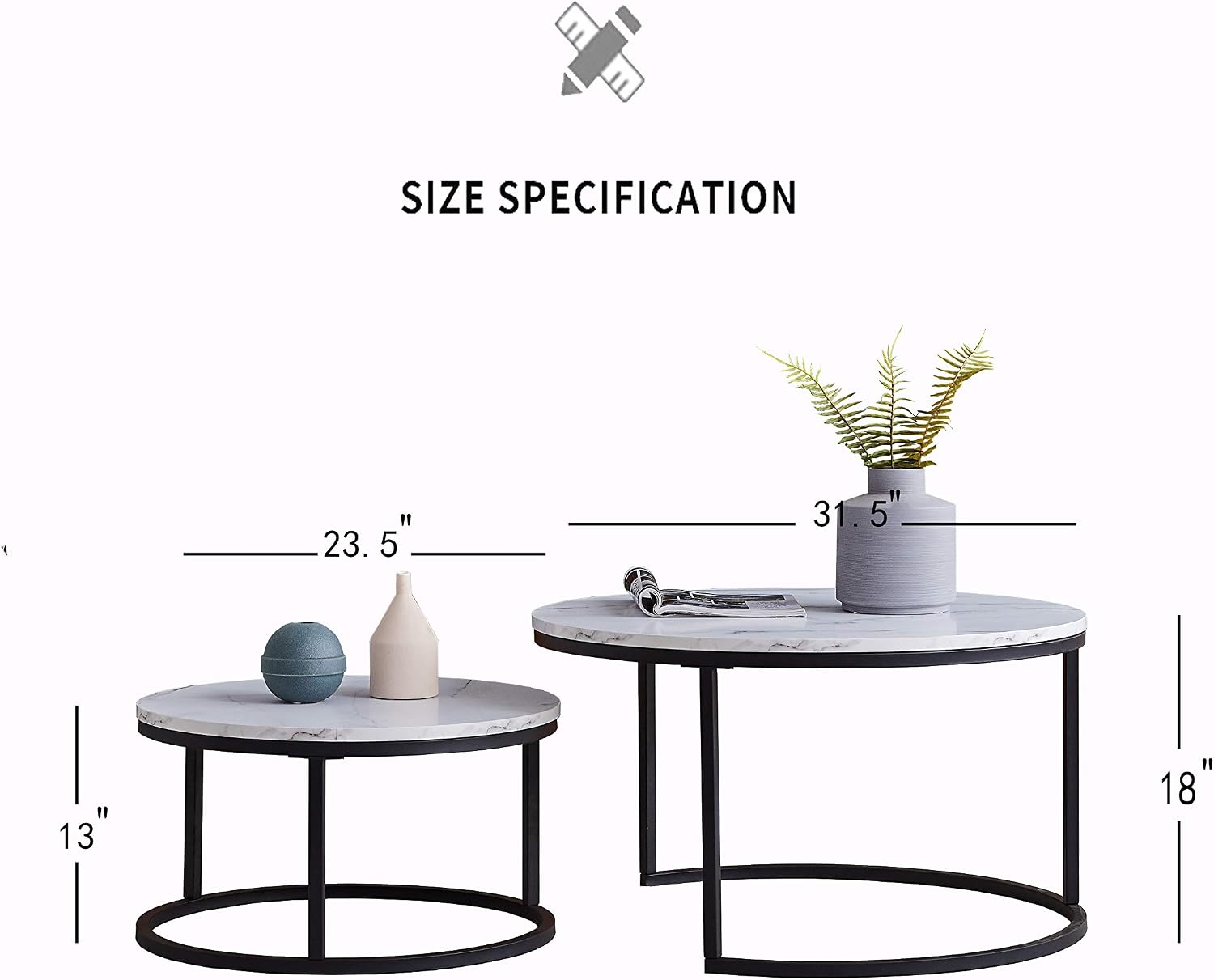 Modern Nesting Coffee Table Set of 2 for Living Room, Office, Balcony, Mid Century Round Wood Accent Coffee MDF Faux Marble Tabletop w/Black Color Frame, Gift for Thanksgiving Christmas -White