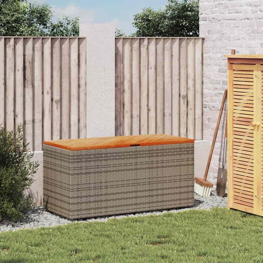 Garden Storage Box, Rectangular Outdoor Storage Bench with Acacia Wood Accents, PE Rattan Deck Box for Patio and Garden, Grey, 43.3 x 19.7 x 21.3 in