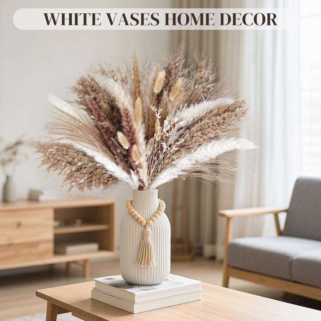 JOHOUSE White Ceramic Vase, 7.9 Inch Boho Ribbed Vase with Wooden Beads Tassel for Pampas Grass, Wedding Centerpiece, Coffee Table, Bedroom & Apartment, Neutral Farmhouse Decor