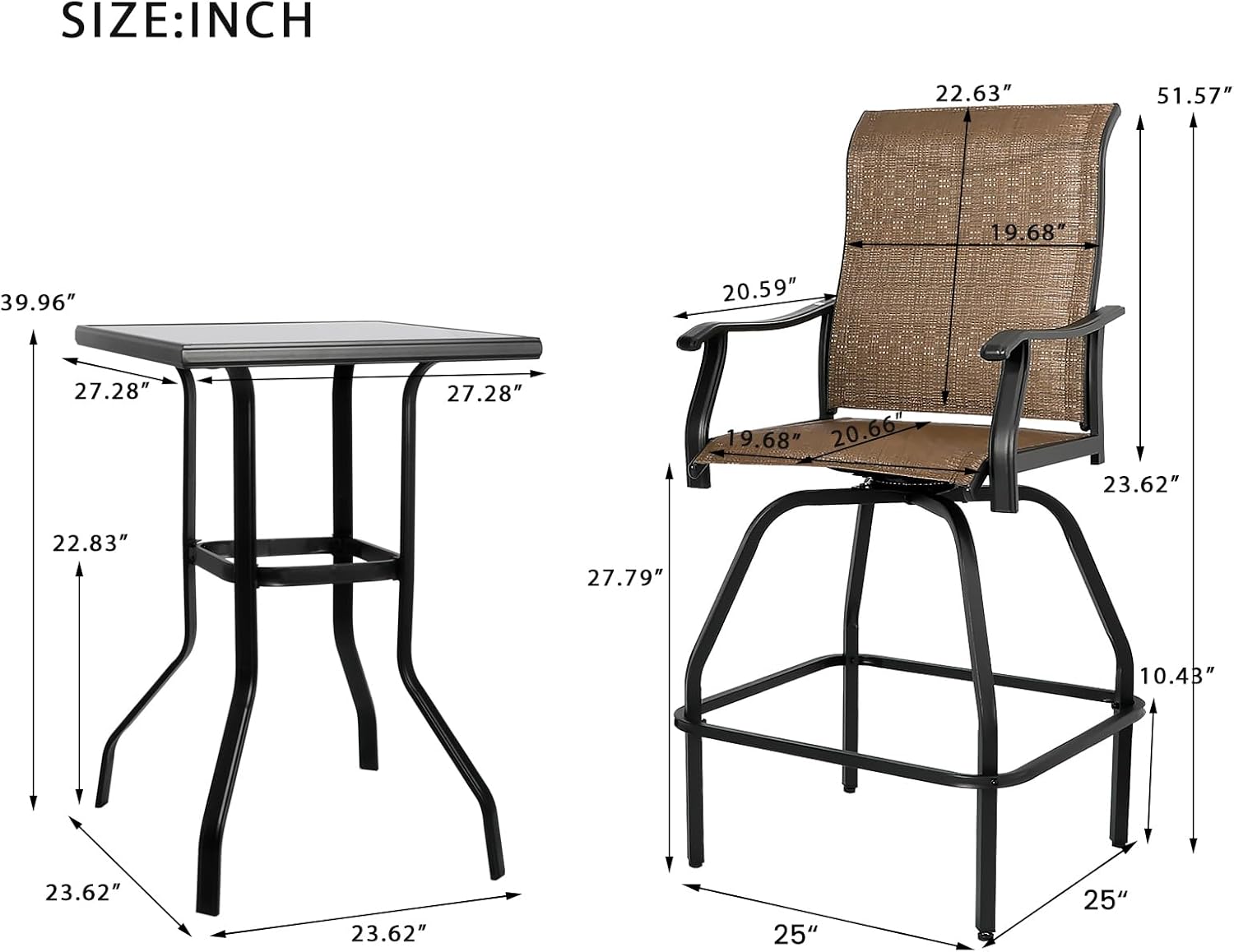 LEVELEVE Patio Bar Set 3pcs Swivel Bar Stools Outdoor Bistro Textilene Furniture Stability All-Weather Set with Height Table (3, Dark Brown Fabric)