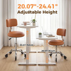 Rolling Stool Chair with Wheels, Office Drafting Chair with Back Support, Height Adjustable Standing Desk Stool with PU Leather Cushion for Home Office Kitchen Vanity Spa Garage Tattoo Dentist, Camel