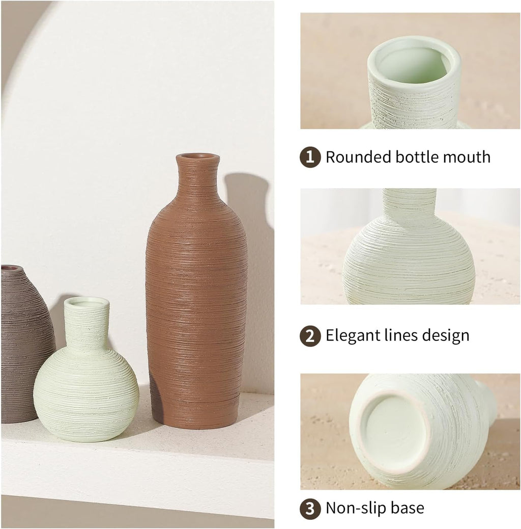 Ceramic Vases Set of 3 Home Decor Modern Rustic Farmhouse Pottery Decorative Flower Vases for Pampas Grass Dried Fresh Flowers, Living Room, Table Centerpiece, Shelf, Mantel (Multicolor Brown)