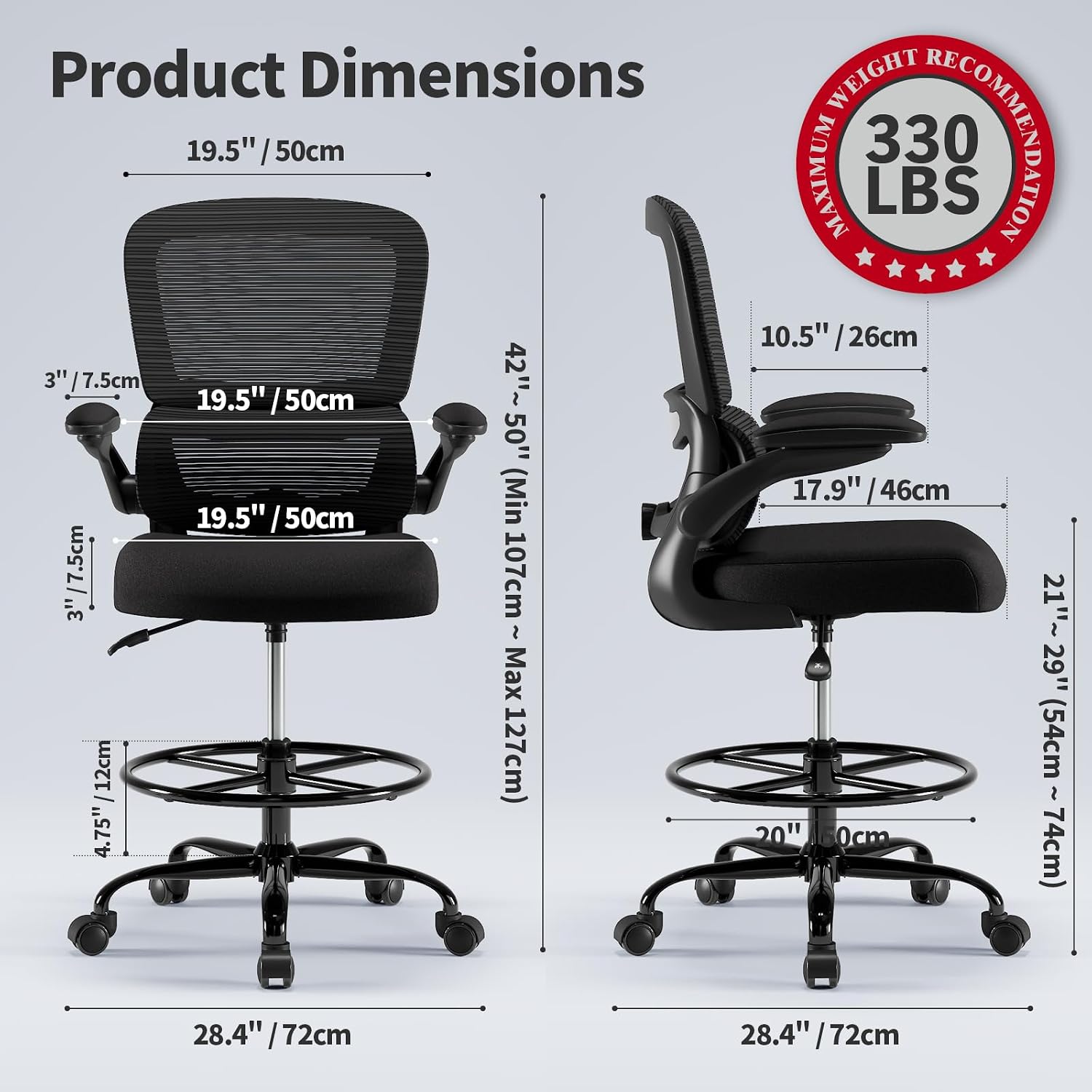 TRALT Drafting Chair - Tall Office Chair for Standing Desk - High Office Chair with Adjustable Footrest Ring Lumbar Support - Tall Office Chairs for Home Office with Flip-Up Armrests (Black)