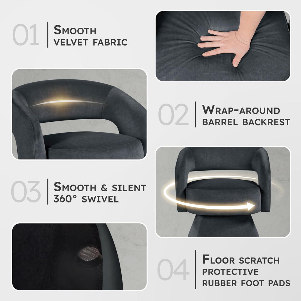Lexicon 360 Degree Swivel Accent Chair, Modern Comfy Velvet Round Barrel Chair, Open Back, Plush Foam Cushions, Metal Swivel Base for Living Room/Bedroom/Office/Small Spaces, Dark Gray