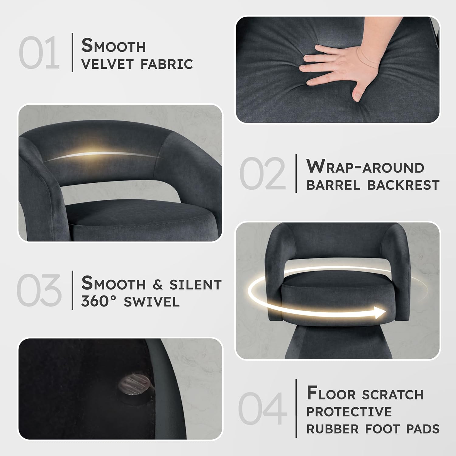Lexicon 360 Degree Swivel Accent Chair, Modern Comfy Velvet Round Barrel Chair, Open Back, Plush Foam Cushions, Metal Swivel Base for Living Room/Bedroom/Office/Small Spaces, Dark Gray