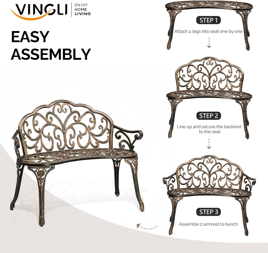 VINGLI 38.5" Patio Park Garden Outdoor Metal Rose Bench, 2-Person Cast Iron Cast Aluminium Frame Antique Finish Chair,Accented Lawn Front Porch Path Yard Decor Deck Furniture (Bronze, Butterfly)