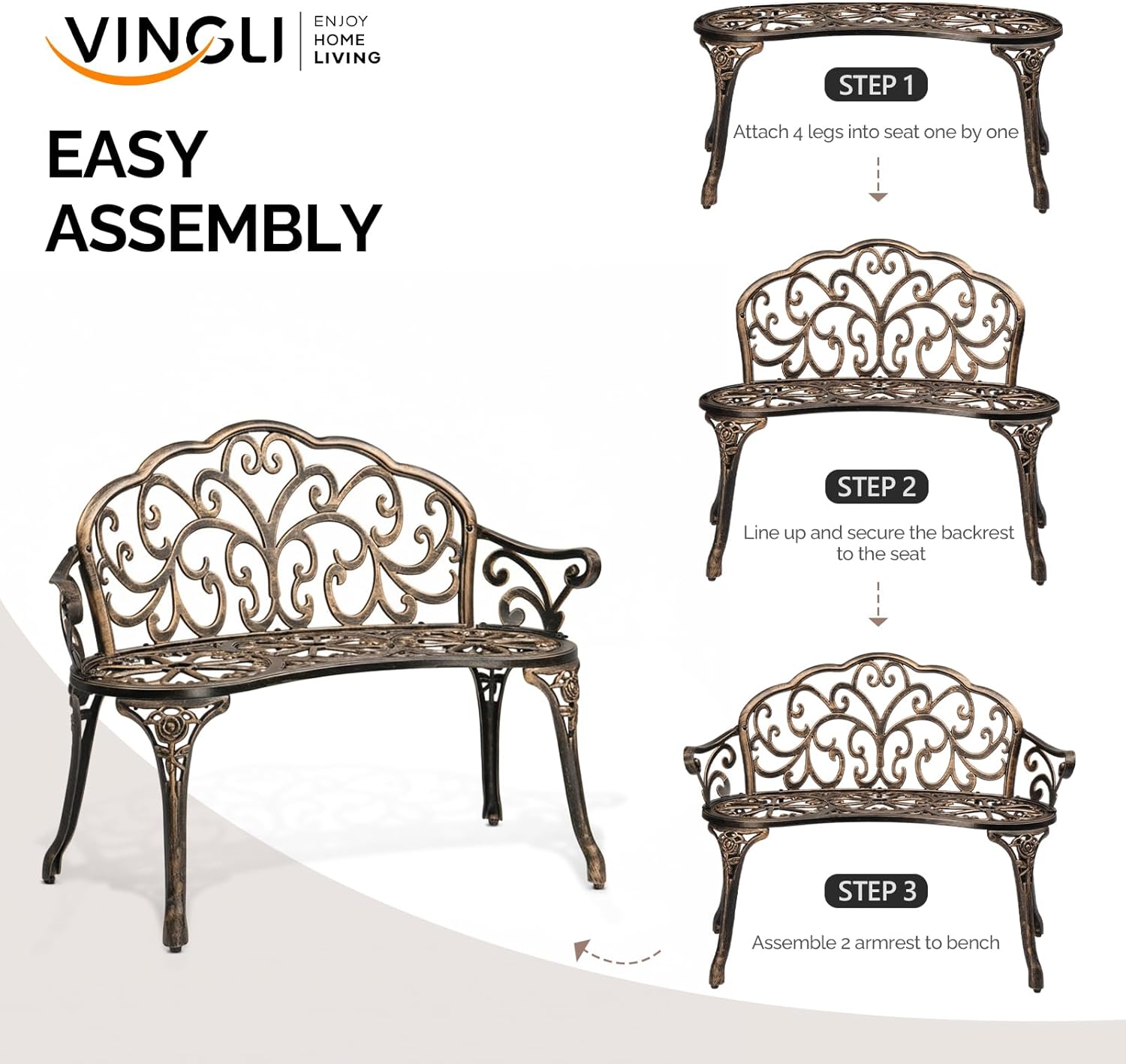 VINGLI 38.5" Patio Park Garden Outdoor Metal Rose Bench, 2-Person Cast Iron Cast Aluminium Frame Antique Finish Chair,Accented Lawn Front Porch Path Yard Decor Deck Furniture (Bronze, Butterfly)