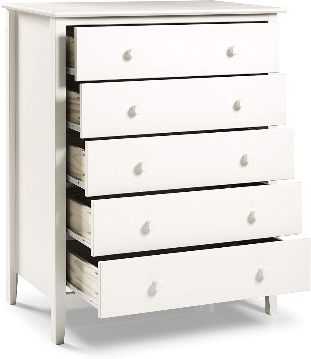 Alaterre Furniture Simplicity Wood 5-Drawer Chest, Kids Bedroom Dresser, Anti-Tip Safety, Metal Glides, Wooden Knobs, Brazilian Pine and Veneers, White