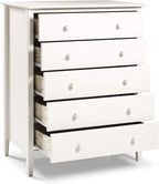 Alaterre Furniture Simplicity Wood 5-Drawer Chest, Kids Bedroom Dresser, Anti-Tip Safety, Metal Glides, Wooden Knobs, Brazilian Pine and Veneers, White