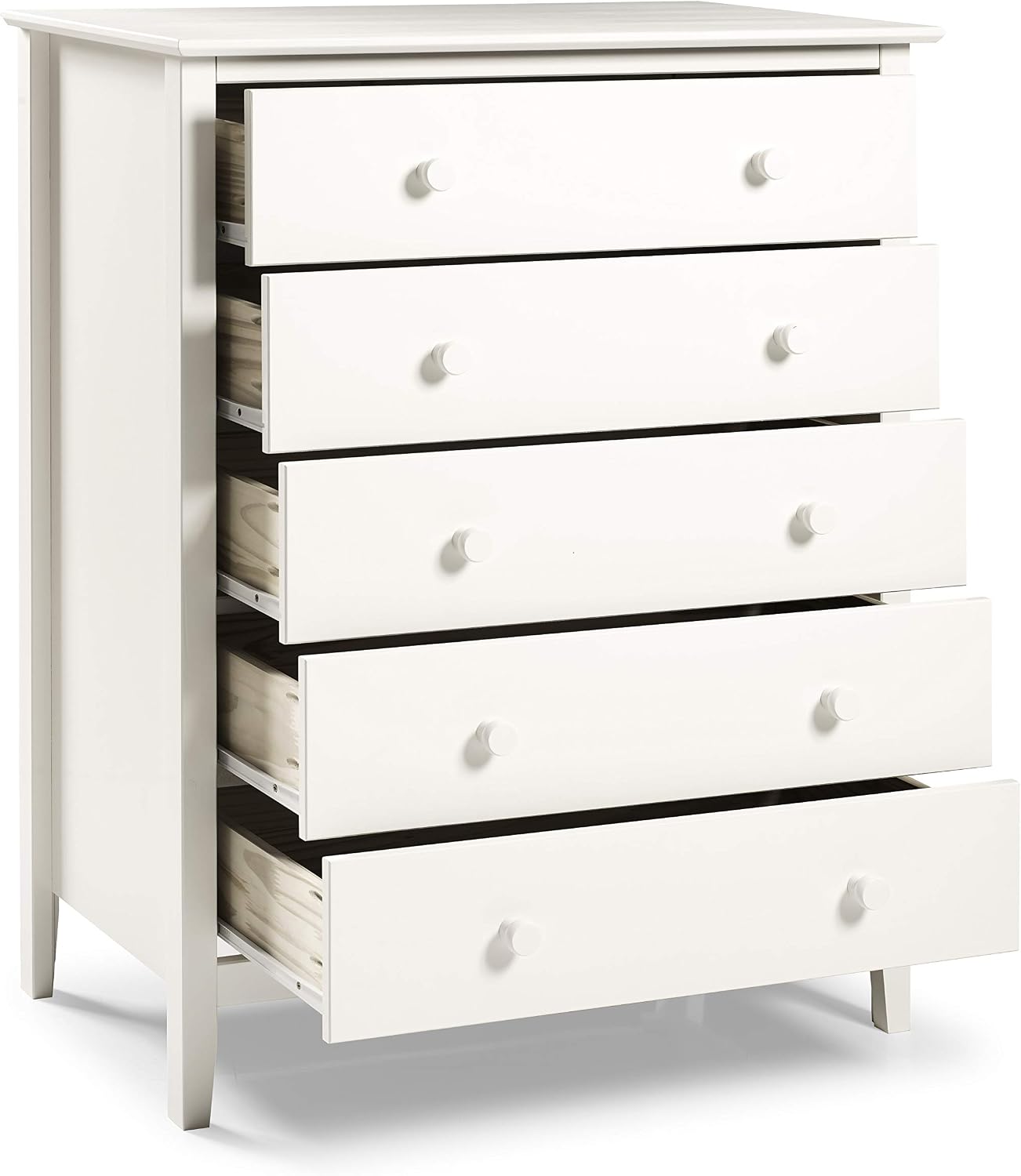 Alaterre Furniture Simplicity Wood 5-Drawer Chest, Kids Bedroom Dresser, Anti-Tip Safety, Metal Glides, Wooden Knobs, Brazilian Pine and Veneers, White