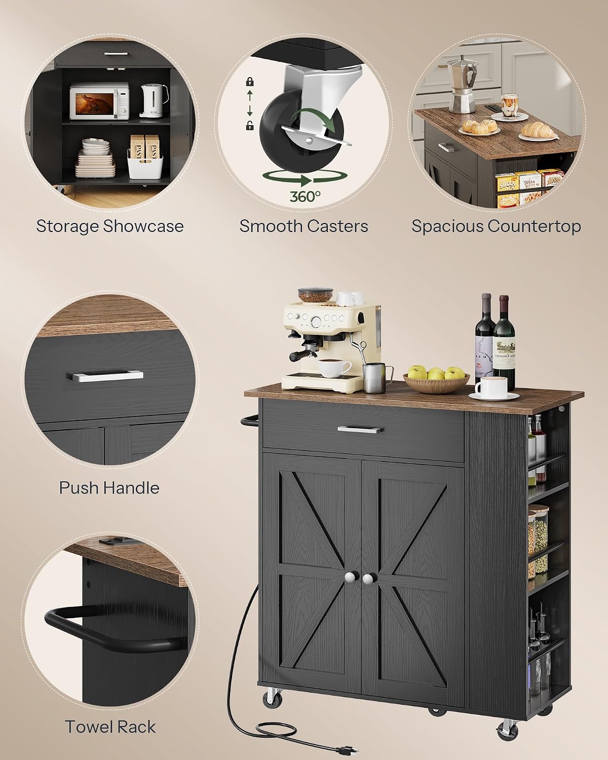 CHOEZON Kitchen Island Cart with Storage, Bar Cart with Charging Station, Kitchen Island on Wheels, Rolling Mobile Table with Cabinet, 3 AC Outlets, Black and Walnut MZD04UBL