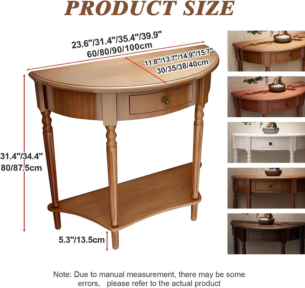 Solid Wood Half Moon Console Table with Drawer – Entryway Accent Table with Storage for Living Room、Foyer、Bedroom or Hallway, Dark Walnut