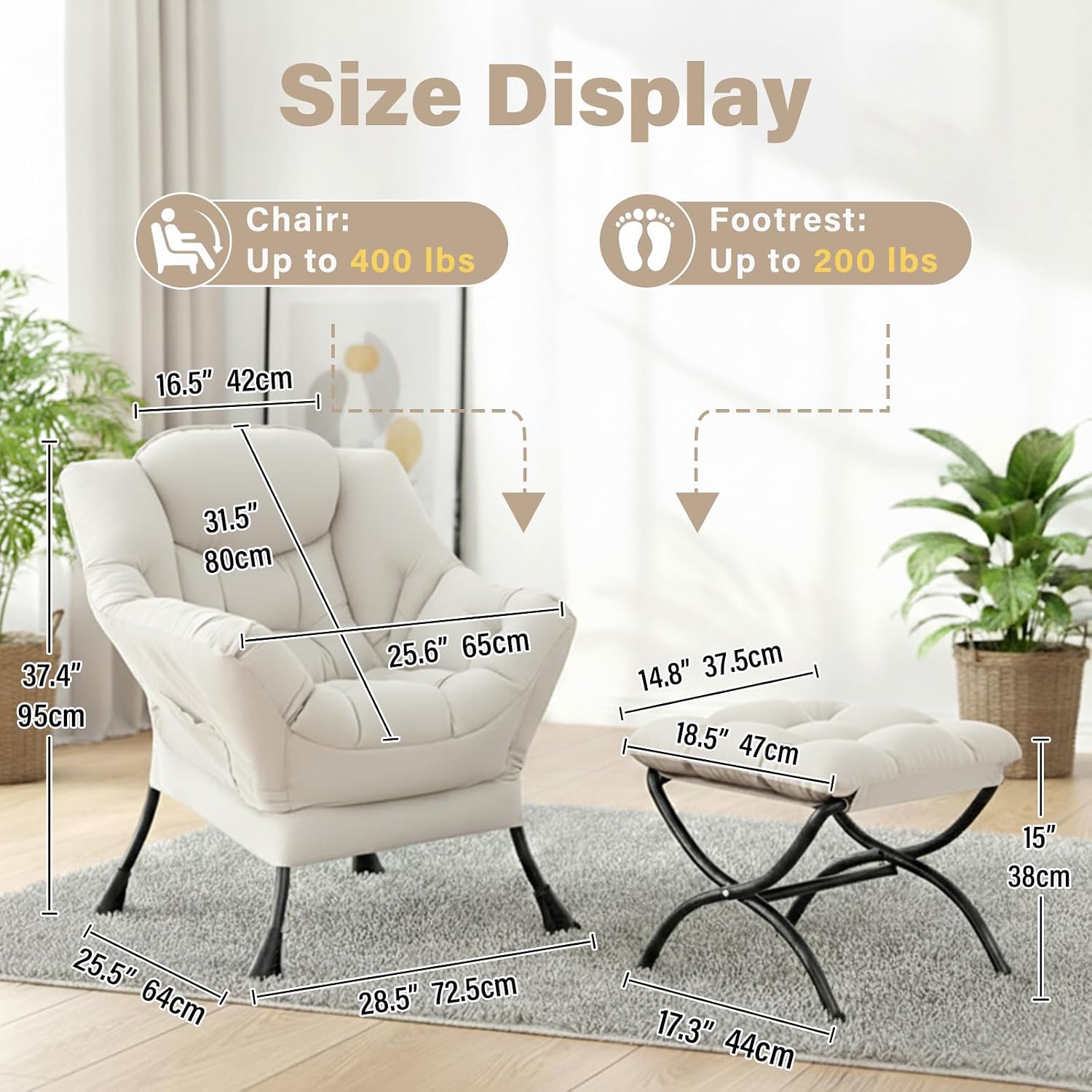 Cozy Lazy Chair and Ottoman, Large Contemporary Peach Beige Accent Chair Set, Leisure Upholstered Reading Armchair for Bedroom, Living Room, Dorm Rooms, Office, Balcony