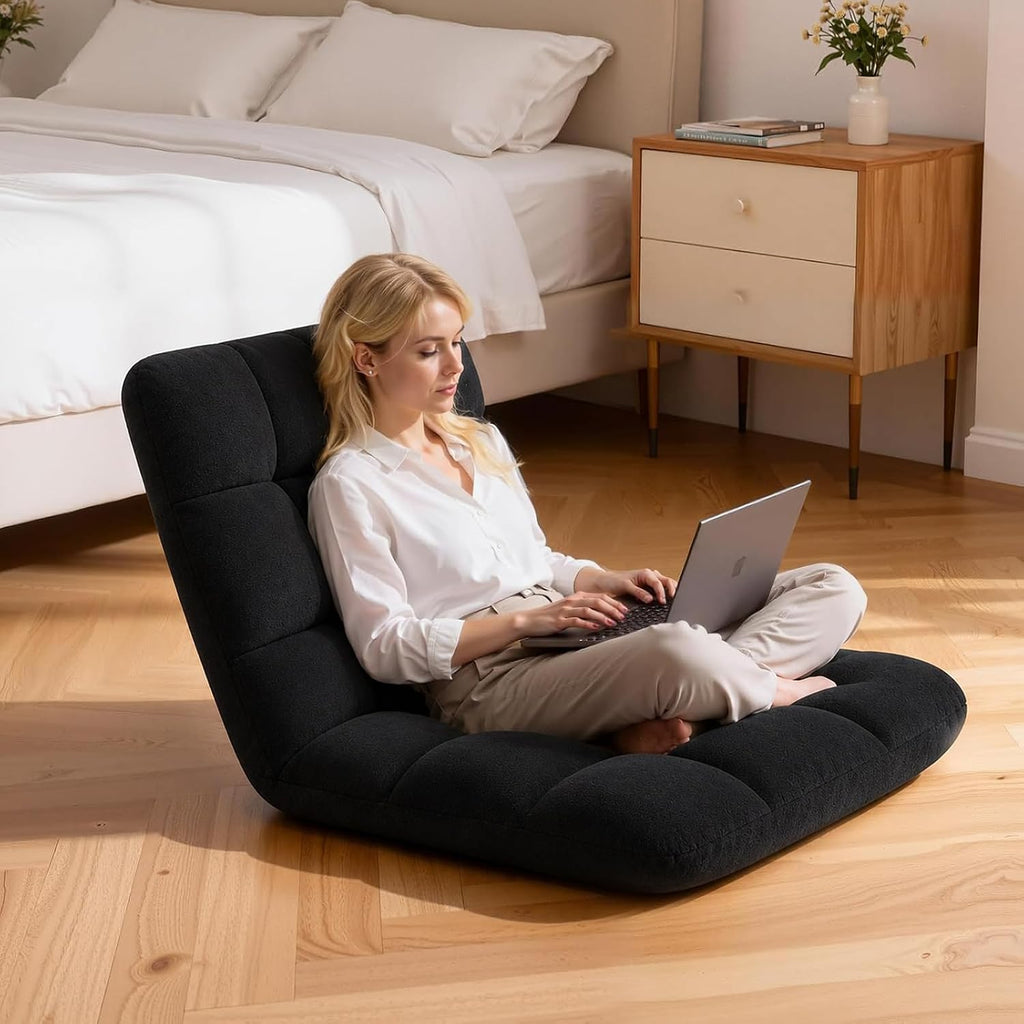 HOPERAN Floor Chair with Back Support, 6-Poistion Adjustable Floor Gaming Chair for Adults, Padded Reclining Floor Chair, Folding Floor Chairs for Meditation, Sleeping, Reading, Gaming, Black