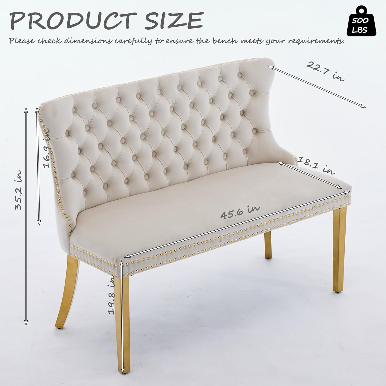 Velvet Upholstered Dining Bench with Back, 45.6'' Tufted Loveseat Bench with Gold Stainless Steel Legs, Mid-Century Modern Banquette Seating for Dining Room, Kitchen, Entryway, Beige