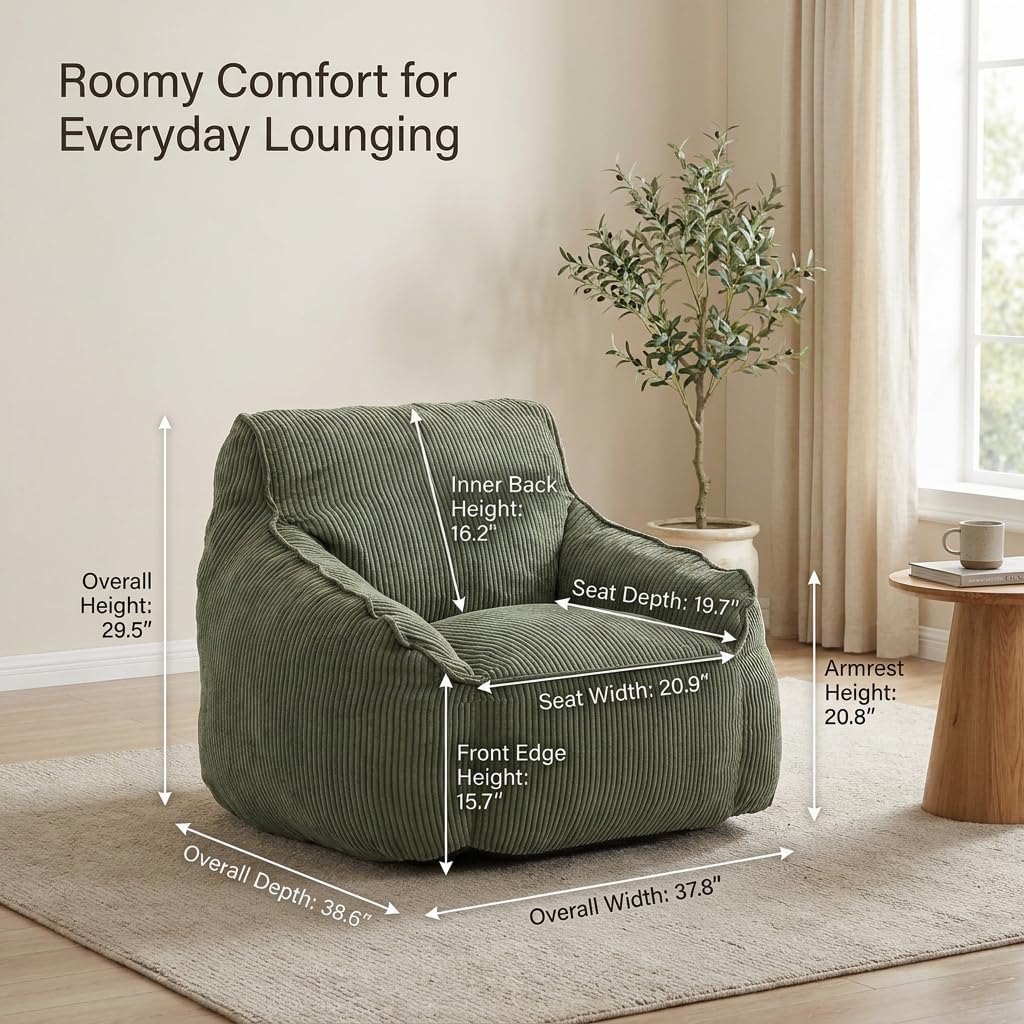 Bean Bag Chair for Adults and Kids with Armrests, High Back Corduroy Lounge Chair, Oversized Supportive Floor Sofa for Living Room, Bedroom, Dorm (Green)