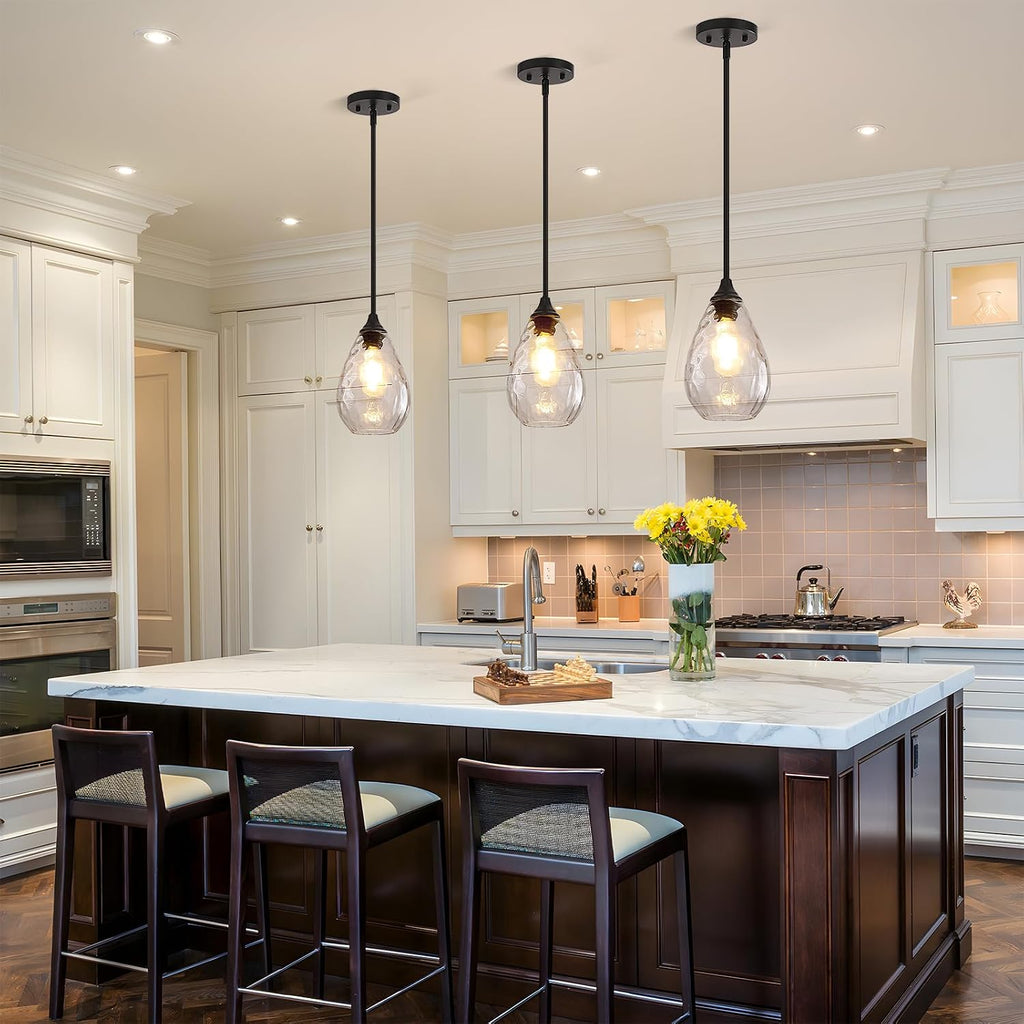 Glass Pendant Lights Kitchen Island, 1-Light Modern Black Pendant Light Fixtures with Hammered Glass and Rods, Small Hanging Light for Kitchen Sink Dining Room Bathroom