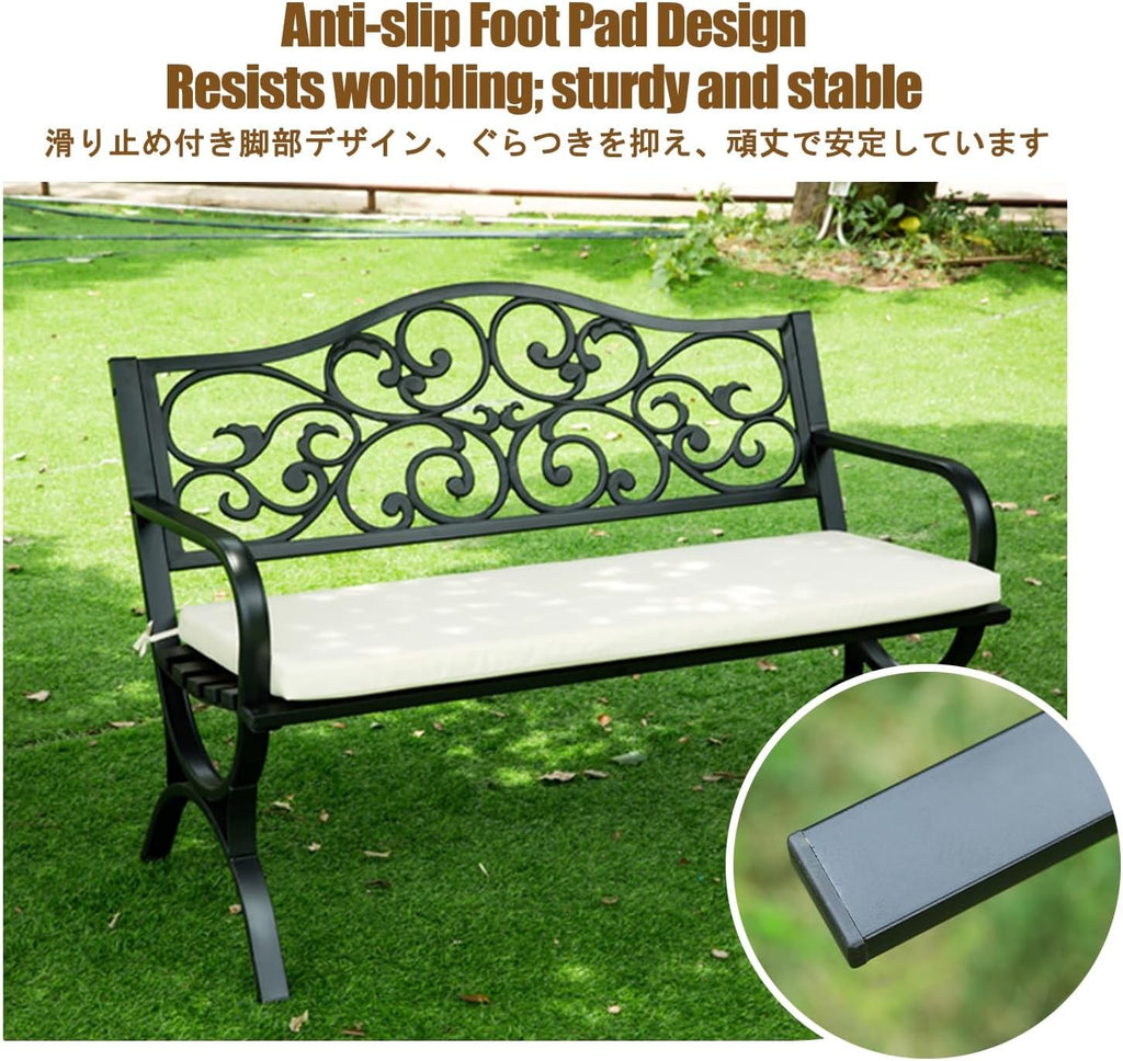 Garden Benches for Outdoors, Patio Benches for Outdoors, Crafted from Wrought Iron, It is Suitable for Use in Parks, Courtyards, and Porches.(Black,Cross-Shaped seat Cushion)