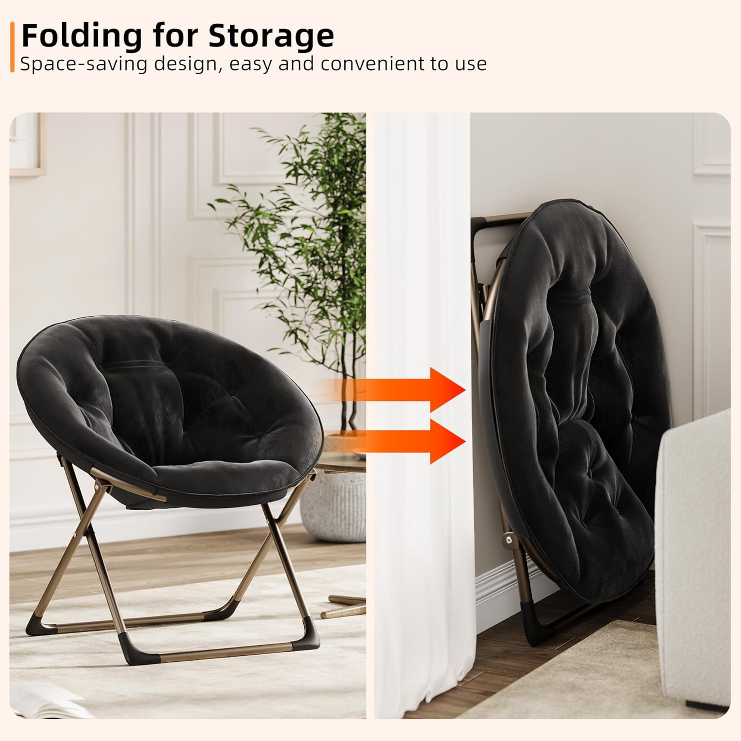 IDEALHOUSE Comfy Folding Padded Saucer Chair, Folding Circle Chair with Metal Frame, Soft Moon Chair for Bedroom, Dorm Rooms, Apartments, Lounging, Garden and Courtyard, Black