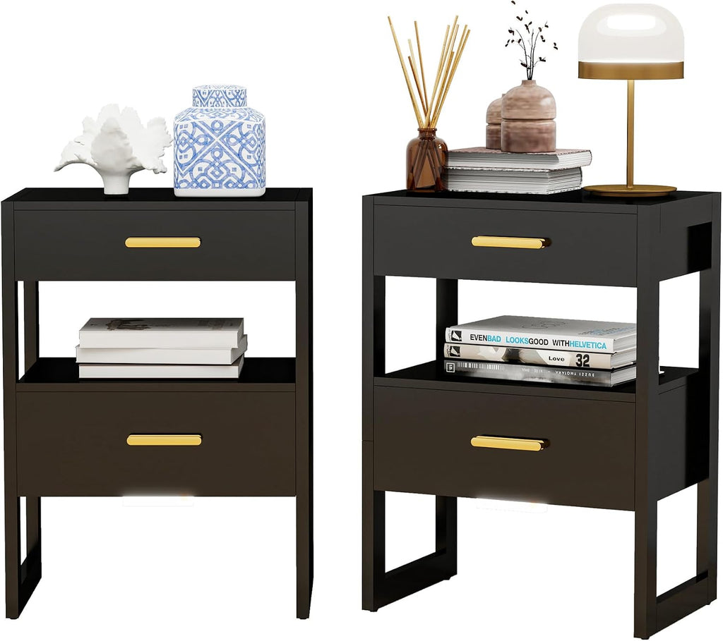 Wooden Nightstands Set of 2 with Motion Sensor Light & Storage Drawer, Modern Bedside Table End Table for Bedroom, Small Spaces, Sturdy Wood Side Table Furniture, Black