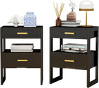 Wooden Nightstands Set of 2 with Motion Sensor Light & Storage Drawer, Modern Bedside Table End Table for Bedroom, Small Spaces, Sturdy Wood Side Table Furniture, Black
