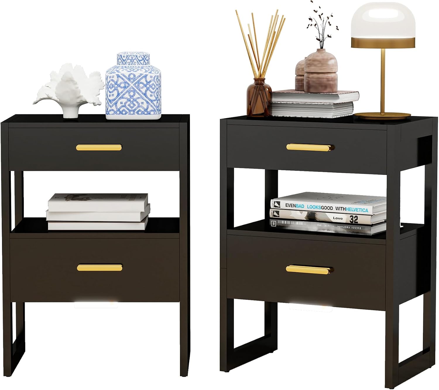 Wooden Nightstands Set of 2 with Motion Sensor Light & Storage Drawer, Modern Bedside Table End Table for Bedroom, Small Spaces, Sturdy Wood Side Table Furniture, Black