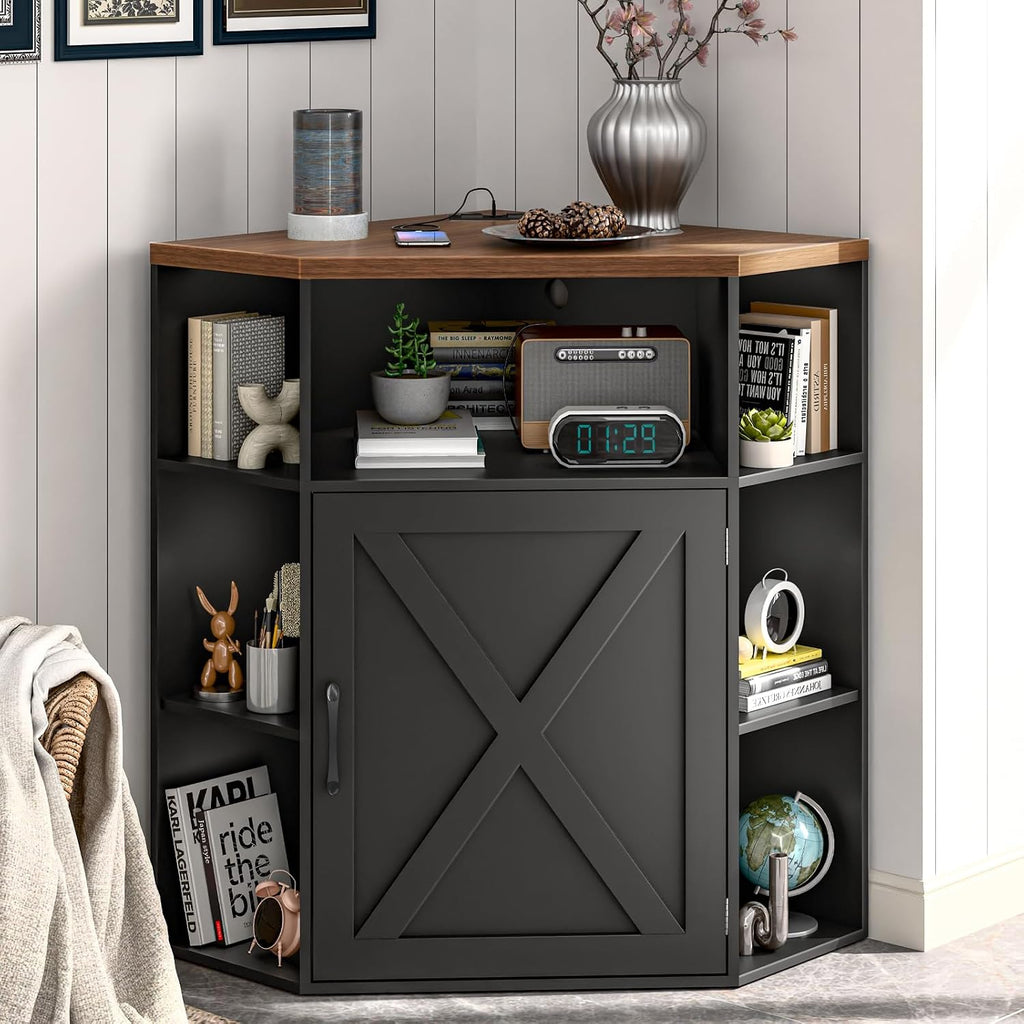Vabches Corner Cabinet, Corner Storage Shelf with USB Ports and Outlets Industrial Organizer for Small Space Wooden 6-Cubby Bookshelf for Study, Playroom, Living Room (Black and Brown)