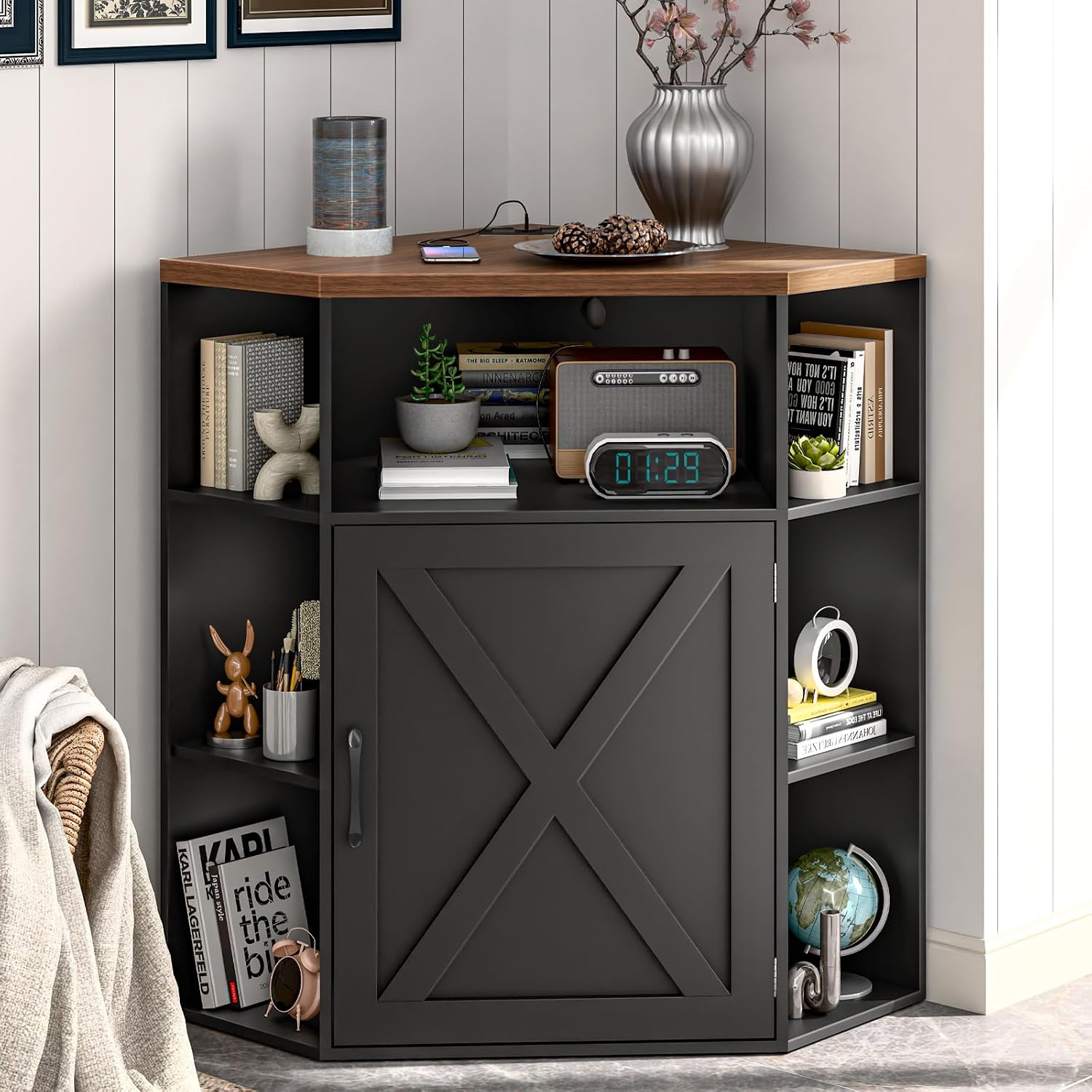 Vabches Corner Cabinet, Corner Storage Shelf with USB Ports and Outlets Industrial Organizer for Small Space Wooden 6-Cubby Bookshelf for Study, Playroom, Living Room (Black and Brown)