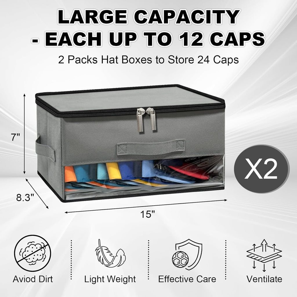 2 PCS Stackable Hat Storage for Baseball Caps, Space Saving Hat Organizer Box for Closet, with All Around Cardboard Support, Zipper Lid, Clear Window and 3 Handle, Each Holds 12 Hats, Grey