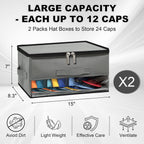 2 PCS Stackable Hat Storage for Baseball Caps, Space Saving Hat Organizer Box for Closet, with All Around Cardboard Support, Zipper Lid, Clear Window and 3 Handle, Each Holds 12 Hats, Grey