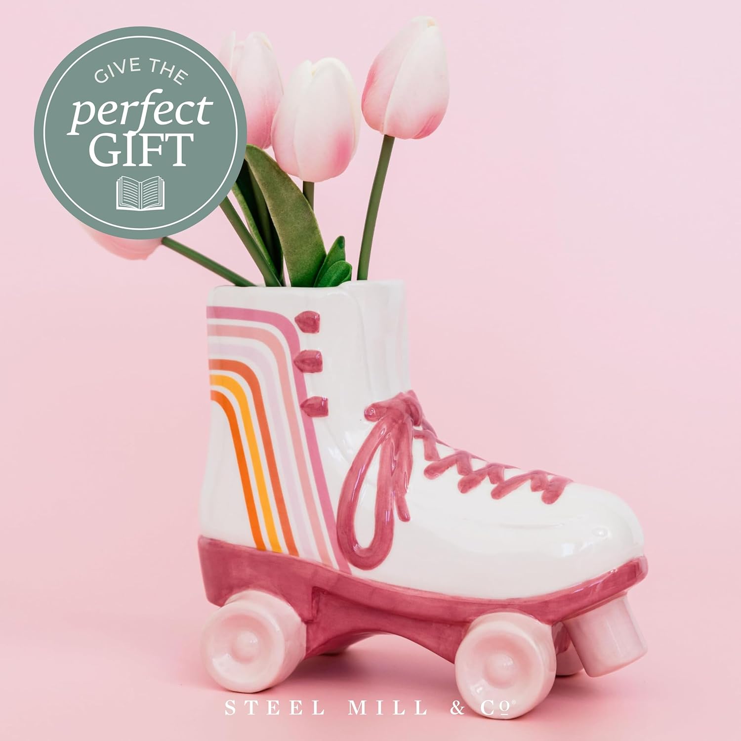 Steel Mill & Co Ceramic Roller Skate Vase, Cute Retro Flower Vase and Office Supplies, Pen and Pencil Holder, Vintage Decor for Home or Office, Small Round Container and Desk Organizer
