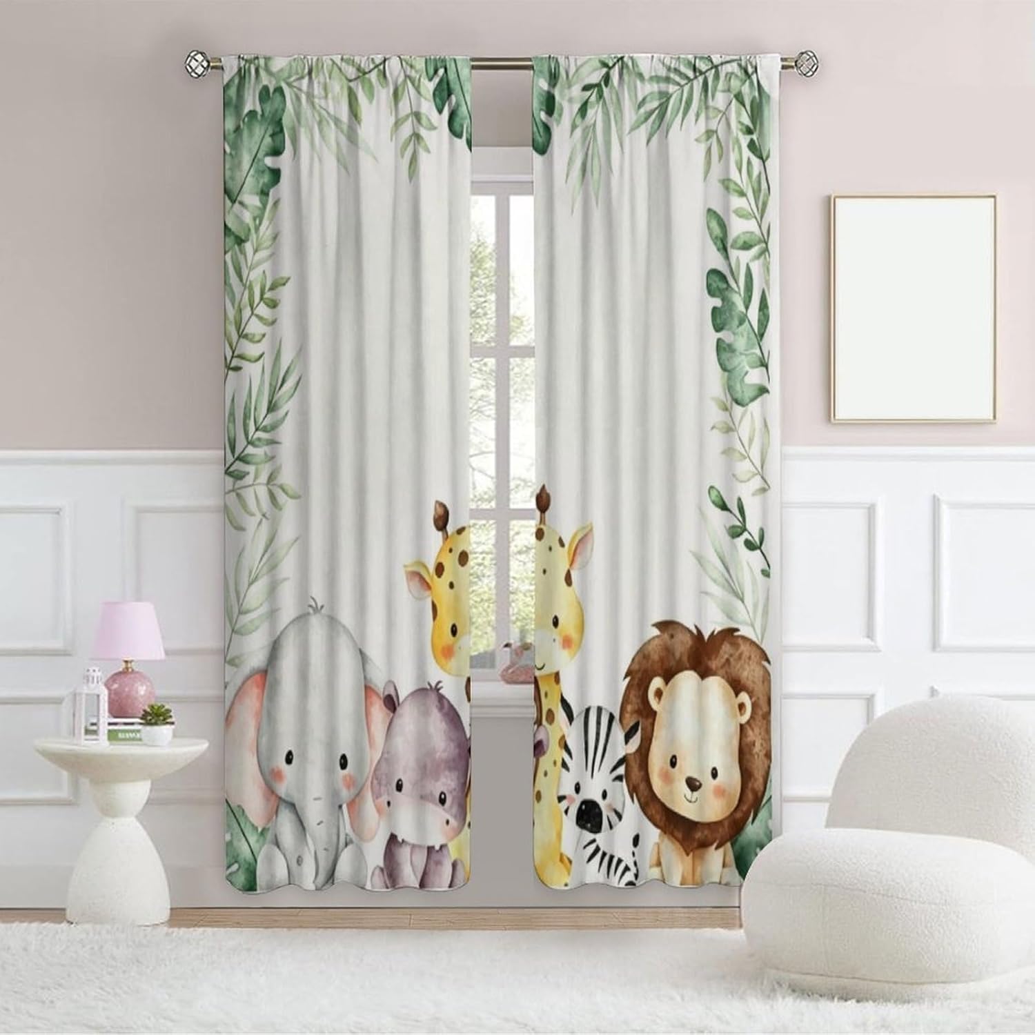 Nursery Curtains Jungle Safari Toddler Theme, Cartoon Animal Lion Elephant Giraffe Palm Leaf Print Rod Pocket Window Drapes for Bedroom Living Room, 2 Panels W52xL84 Inch